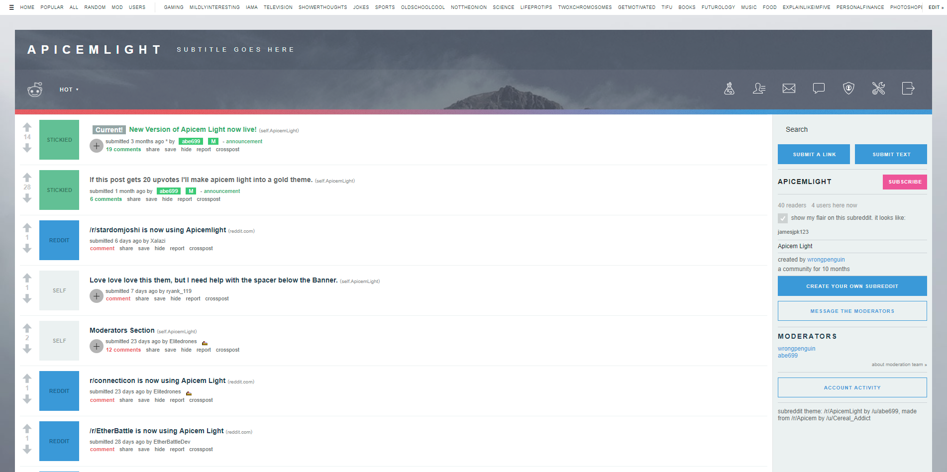 Picture showing screenshot of Apicem Light Theme in action on a subreddit.