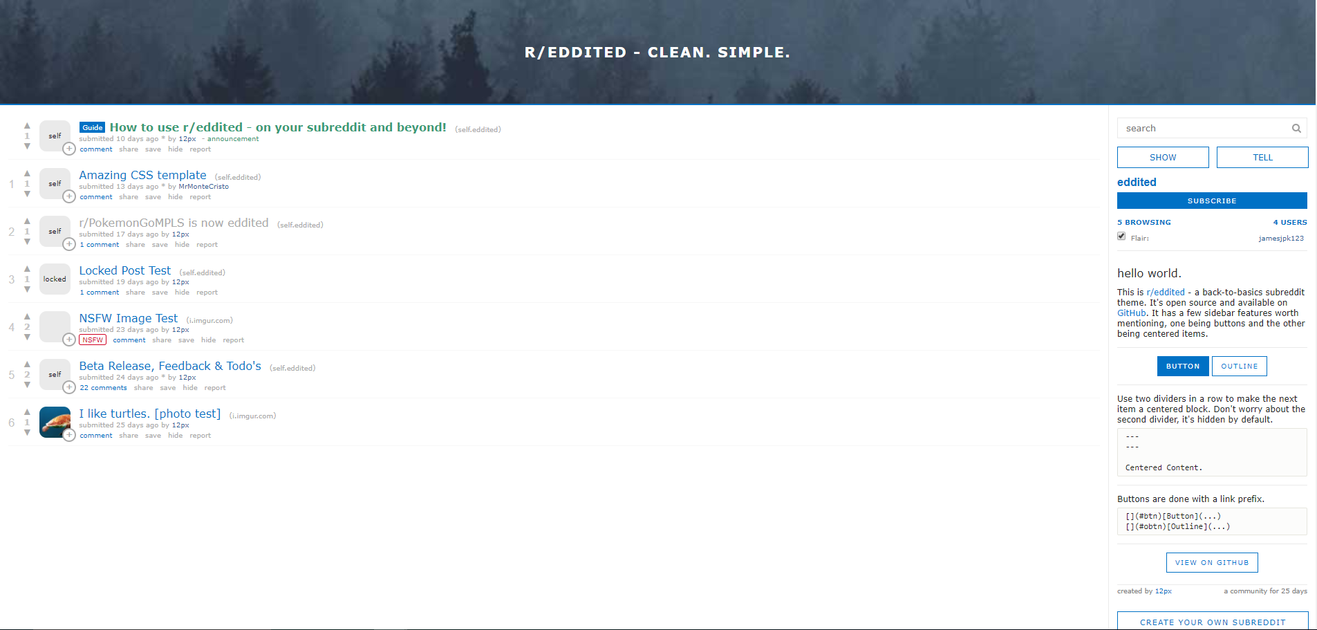 Picture showing screenshot of Eddited Theme in action on a subreddit.