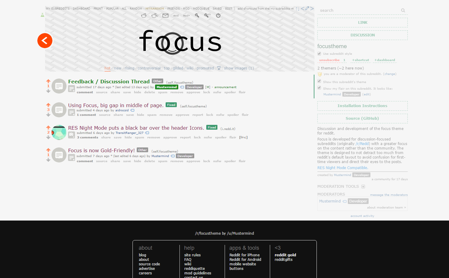 Picture showing screenshot of Focus Theme in action on a subreddit.