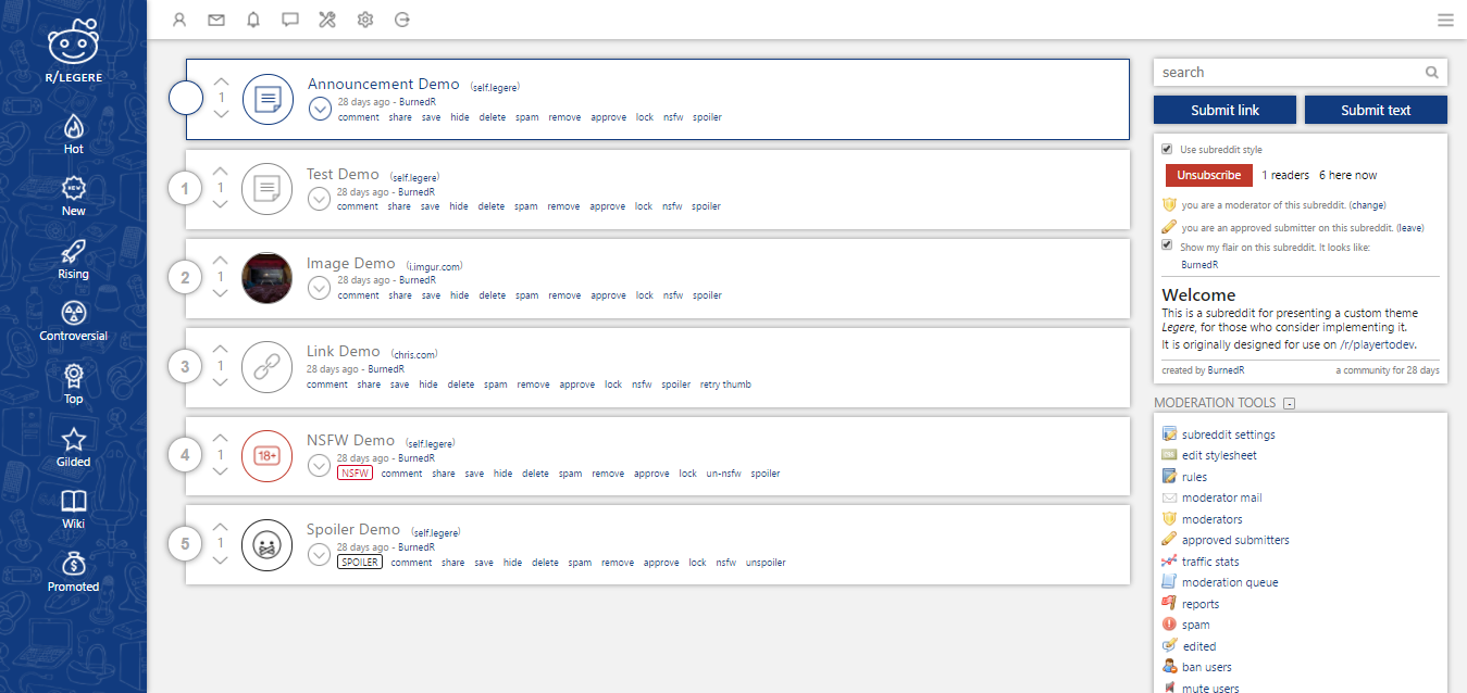 Picture showing screenshot of Legere Theme in action on a subreddit.