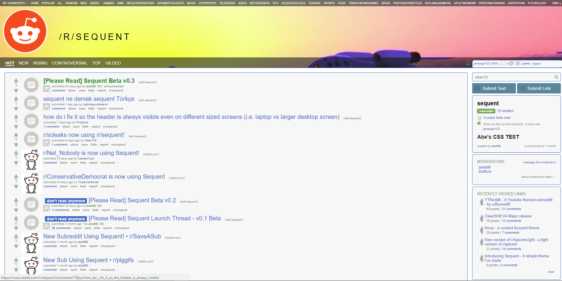 Picture showing screenshot of Sequent Theme in action on a subreddit.
